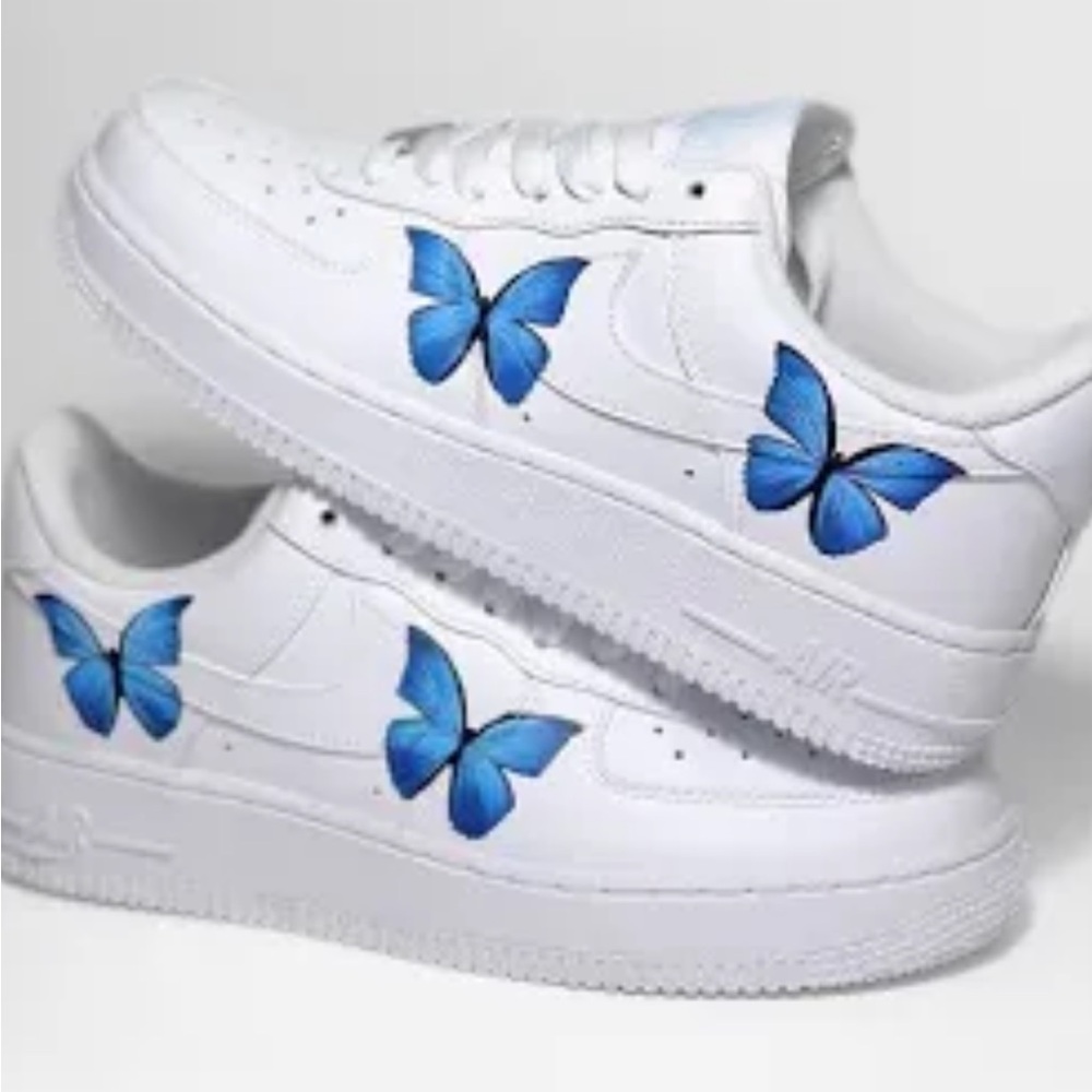 White and Blue Butterfly Women's Sneakers